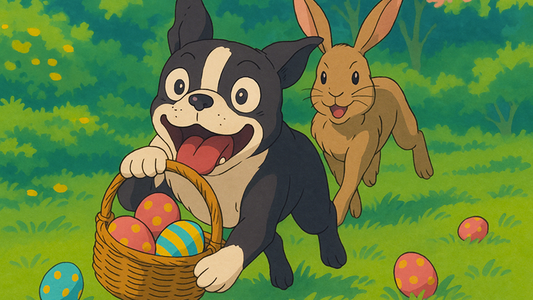 Anime-style Boston Terrier running joyfully through a sunny garden with a basket of Easter eggs, being playfully chased by a smiling Easter Bunny, in a colorful art style.